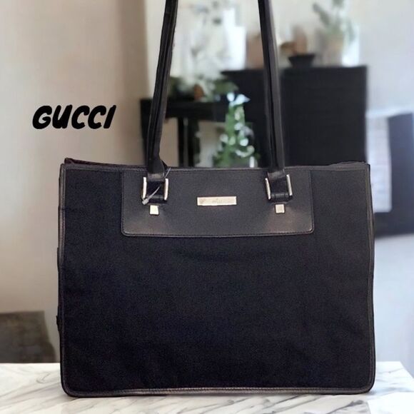 GUCCI BLACK NYLON LEATHER TOTE SHOULDER HAND BAG - Picture 2 of 11